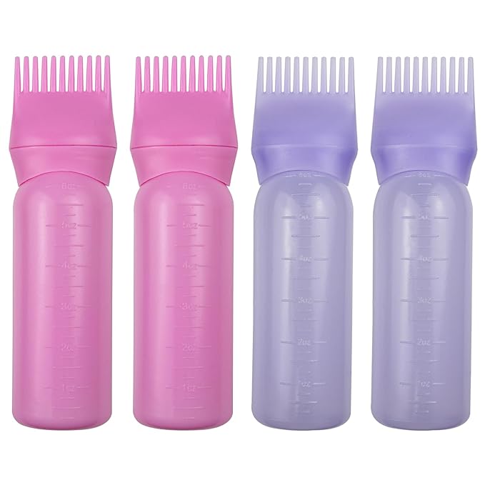 ELANE 4 Pack Root Comb Applicator Bottle,Oil Comb Applicator for Hair Dye Shampoos,Salons. (2 pink + 2 purple)