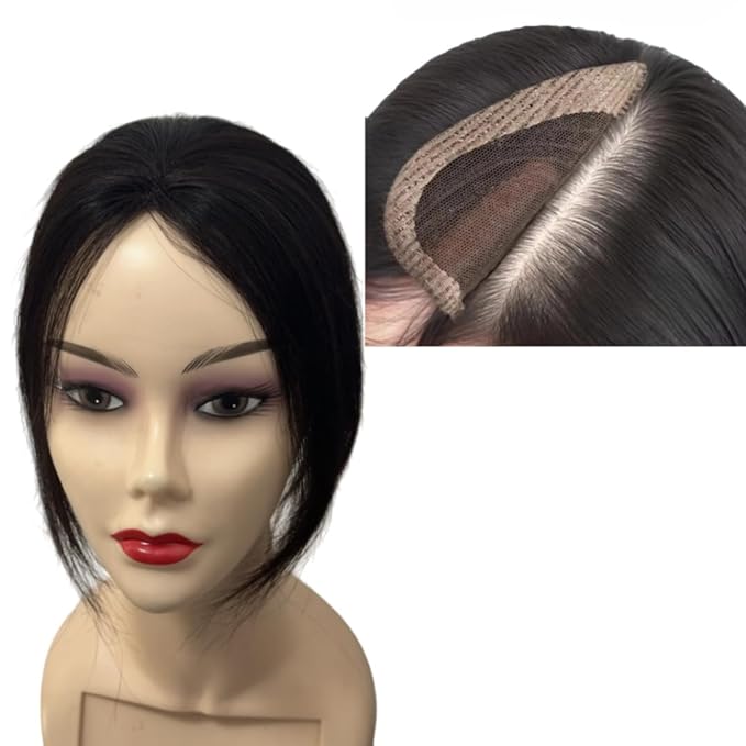 Anemone No Clips Human Hair Topper Piece Fringe Bangs for Women Wrap-Around Magic Paste with Invisible Lace for Natural Hair Loss Coverage (1B Lace Mid Bangs)