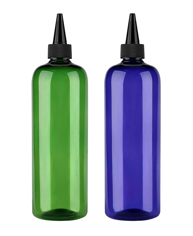 Hair Color Applicator, 16 Ounce 2 Pack Squeeze Bottles for Hair - PET Plastic Refillable With Twist Top Cap - Green and Blue