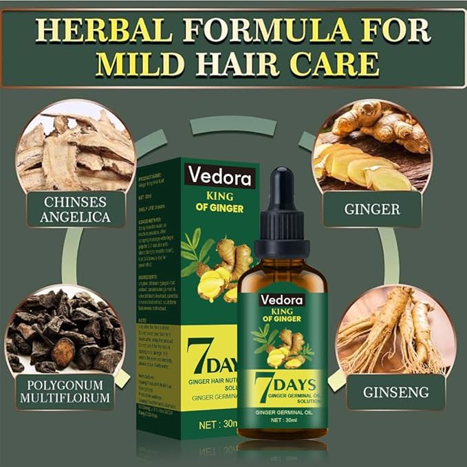 Vedora Ginger Oil for Hair Growth - Biotin Hair Growth Serum, 100% Pure Natural Ginger Essential Oil - Promotes Stronger, Thicker, Longer Hair in Women & Men - 2.0 Fl Oz / 60ML (2 PCS)