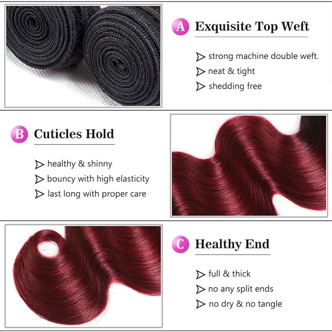 Burgundy Bundles Human Hair 99j Body Wave Bundle 20 22 24 Inch Brazilian Virgin Remy Hair Extensions Niegmeag 2 Tone Black and Red Body Wave Bundles Double Weft Hair Weave 300g
