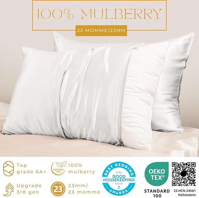 PROMEED White Silk Pillowcase 2 Pack for Hair and Skin, 100% 23 Momme Mulberry Silk Pillow Case Set of 2 with Hidden Zipper, Natural and Acne-Fighting (Queen 20"x30", White)