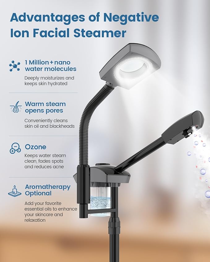 Kingsteam Facial Steamer & 5X Magnifying Lamp Combo, Professional Esthetician Equipment: Adjustable Nano Mist, Deep Pore Cleansing, Blackhead Remover, Acne Treatment Ozone Steamer (60 Min Timer),Black