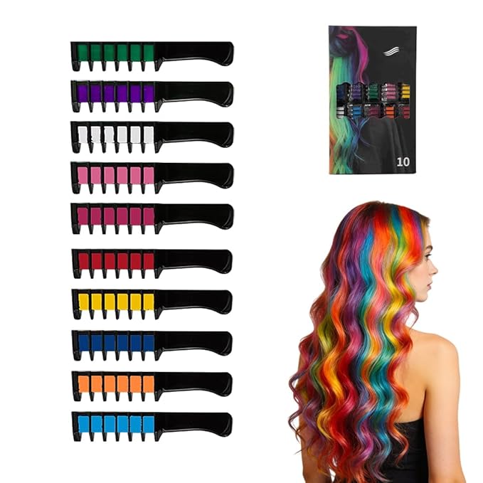 Festive Fun Hair Chalk Combs, Temporary Hair Dye Chalk Comb, Instant Hair Color Comb Washable Quick Dry Vibrant Temporary Color for All Ages for Birthday Party, Christmas Gifts (6 Colors) (10pcs)