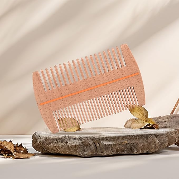 TAN MUJIANG Beard Comb for Men - Dual Density Bristles | Beechwood with Lacquer Finish | 29 Fine Teeth + 18 Wide Teeth | Mustache Grooming Kit Essential