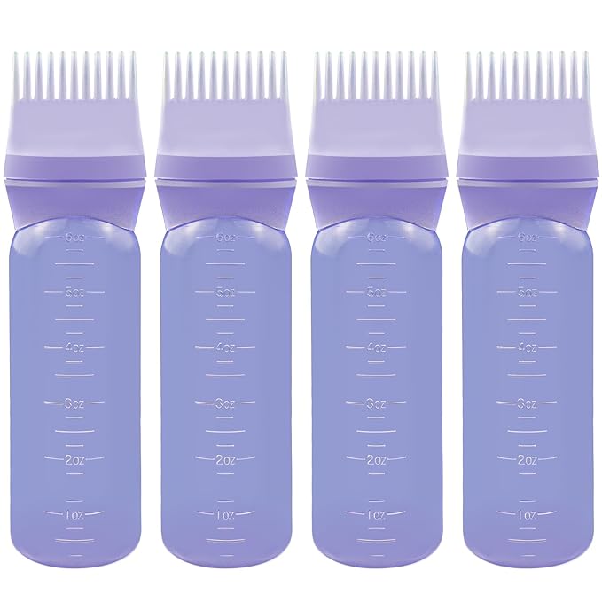 ELANE 4 Pcs Root Comb Applicator Bottle 6oz,Hair Oil Applicator Bottle for Hair,Oil Comb Applicator Hair Bottle Applicator for Hair Dye Shampoos Hair Salons Camping Traveling(Purple)