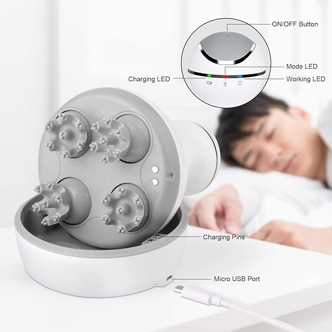 cotsoco Electric Scalp Head & Back Massager, Cordless Hair Massage Waterproof Head Massager with 4 Heads 84 Nodes for Hair Growth, Stress Relief & Deep Clean, Gifts for Mom, White