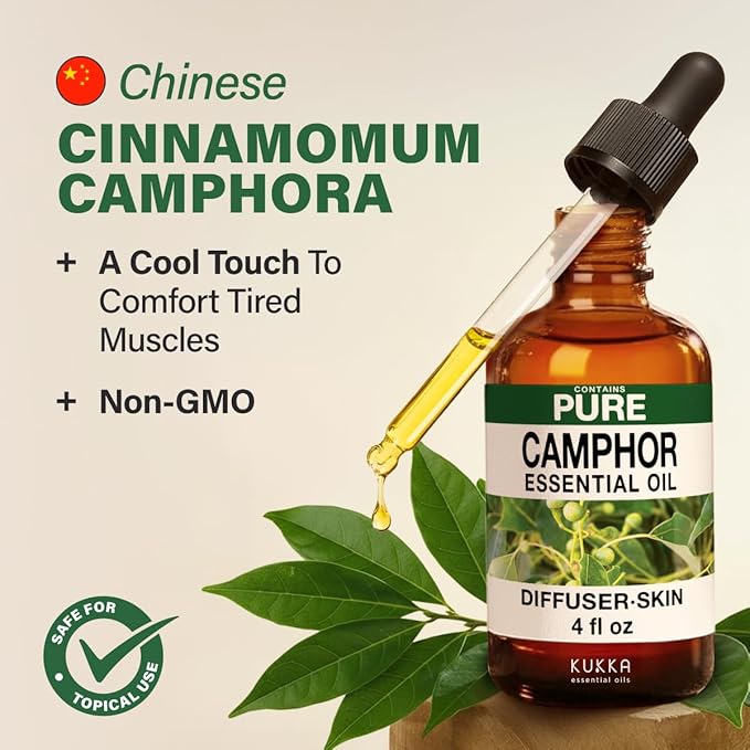 KUKKA Camphor Essential Oils - 4 Fl Oz - for Hair, Skin, Diffuser, Aromatherapy & DIY Soap Making Scent