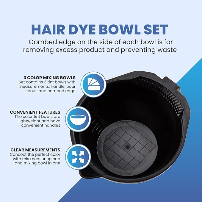 Hair Dye Bowl Set - 3 Black Hair Color Mixing Bowls with Measurements, Pour Spout, Handle & Combed Edge - Reusable Salon Hair Coloring Bowls for Professional or Home Use