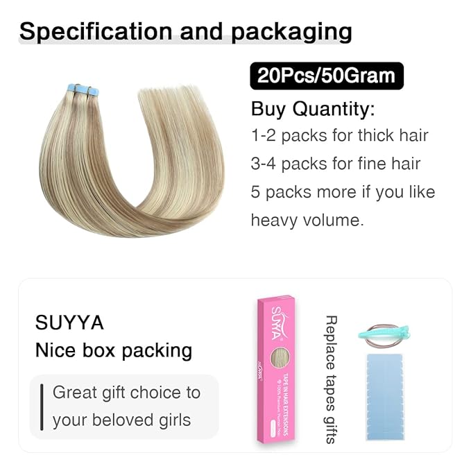 SUYYA Tape in Hair Extensions Human Hair Ash Blonde Highlighted Bleach Blonde 16 Inch 40g/pack 20pcs Straight Seamless Skin Weft Tape in Real Human Hair Extensions(16inch #P18/613)
