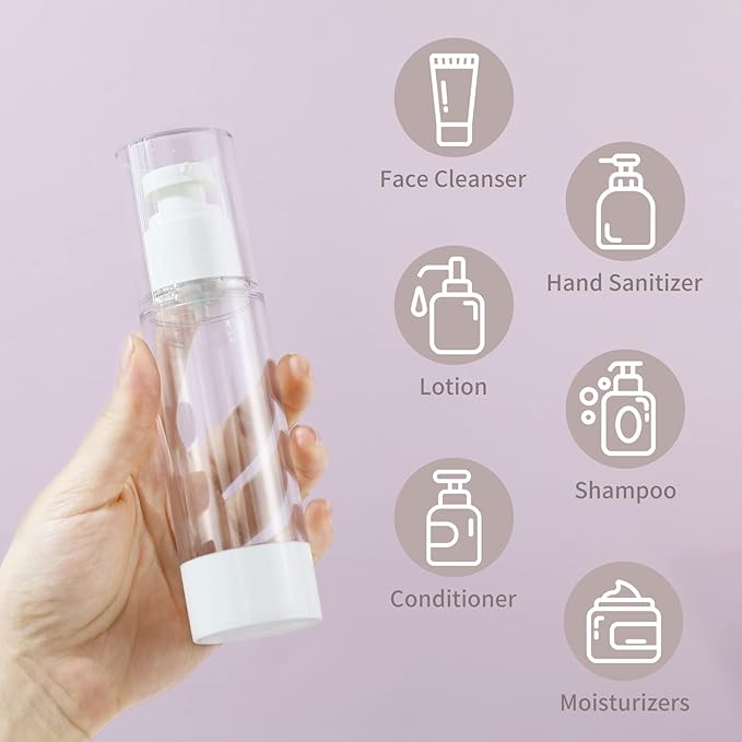 LONGWAY 2.7Oz 80ml Clear Airless Cosmetic Cream Pump Bottle Travel Size Dispenser Refillable Containers/Foundation Travel Pump Bottle for Shampoo (Pack of 6)