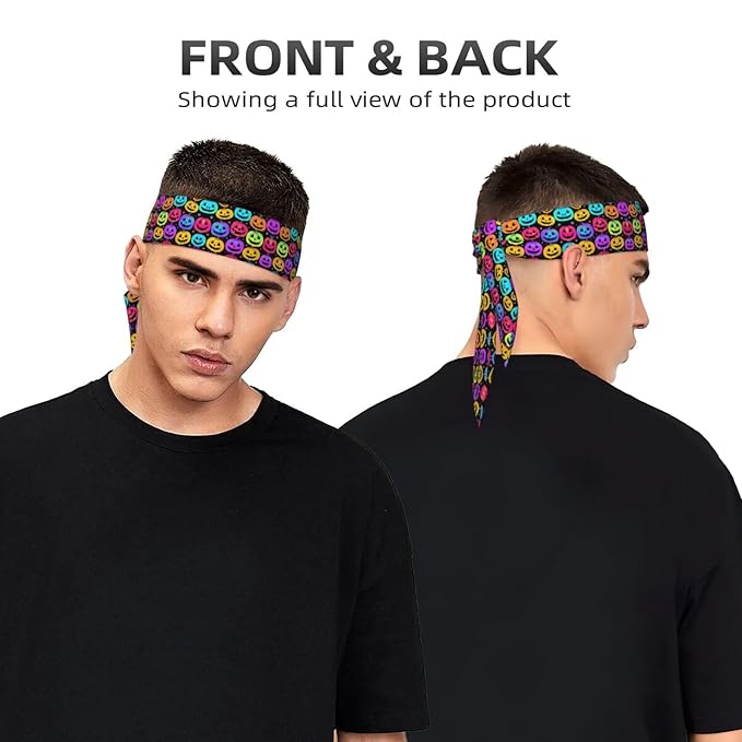 Men Women Beauty Skinny Sports Sweat Band Hand Decor for Running Travel Spa, Long Boho Style Halloween Trippy Neon Pumpkin Skull Hair Band Headdress