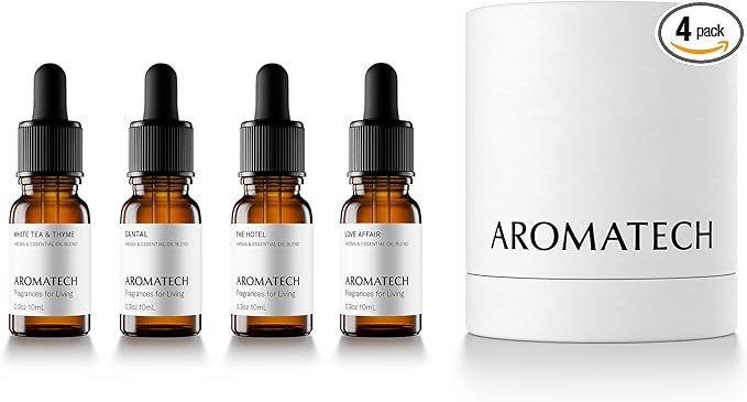 AromaTech The Bestsellers Set | Gift Set of Aroma Diffuser Essential Oils Blend of Santal, The Hotel, White Tea & Thyme, and Love Affair - 10 mL (4 Pack)