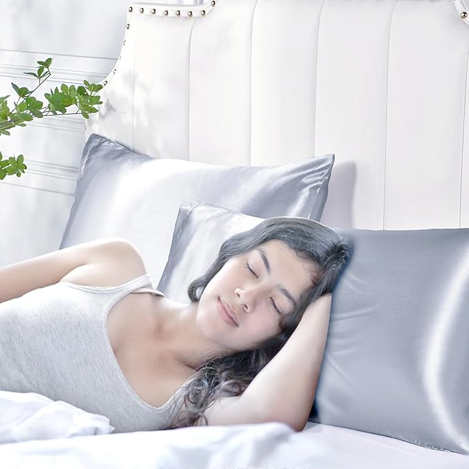 Satin Silk Pillowcase for Hair and Skin, Black Pillow Cases Standard Size Set of 4 Pack Super Soft Pillow Case with Zipper Closure (Silver, King (4 Pack))