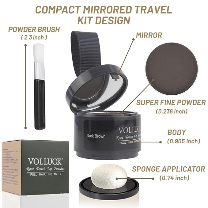 VOLLUCK Root Touch up Powder, Instant Hairline Powder for Thinning Areas and Gray Hair Coverage, Natural and Non-greasy Root Cover up for Women and Men (Dark Brown, 0.14 Ounce)