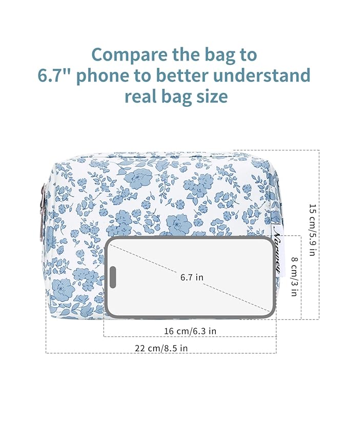 Narwey Cute Floral Makeup Bag Travel Cosmetic Bag Organizer Toiletry Bag Make Up Bags with Organized Pocket for Women Girls (Large, Little Blue Flower)