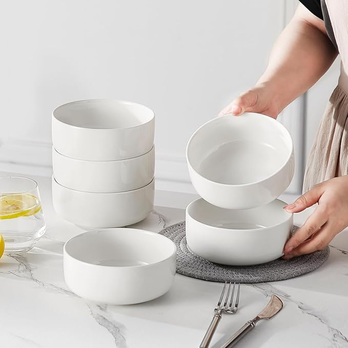 MALACASA 24 OZ Cereal Bowls, Porcelain Soup Oatmeal Bowls Set of 6, Kitchen Ceramic Serving Bowl, Dishwasher Microwave Oven Safe, White, Series LUNA