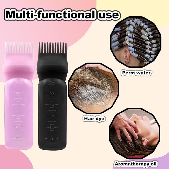 ELANE Hair Oiler Comb Bottle, 4PCS Root Comb Applicator Bottle 6oz (2Black+2Pink)