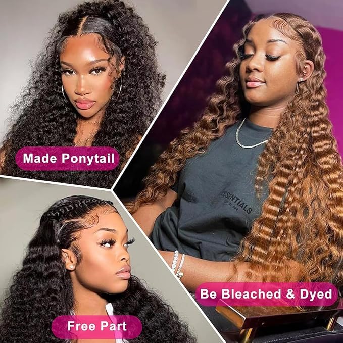 13x6 Lace Front Wigs Human Hair 200% Density HD Deep Wave Lace Front Wigs Human Hair Pre Plucked Natural Color Glueless Wig 100% Virgin Lace Front Wigs for Women（34inch）