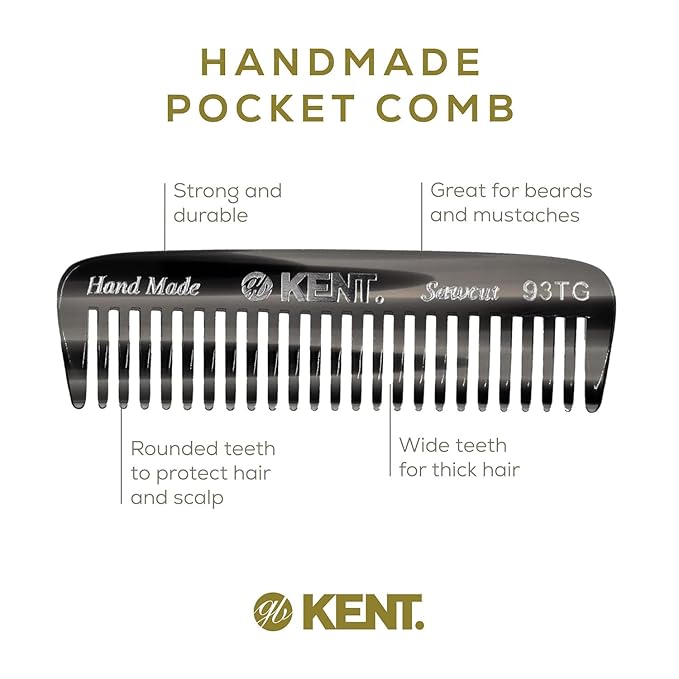 Kent 93T Black Graphite Beard Comb for Men - Wide Tooth Men's Comb, Ideal For Mustaches and Beards and Facial Hair, Small Pocket Sized Travel Detangler Combs, Saw-Cut, Hand Polished, Made in England