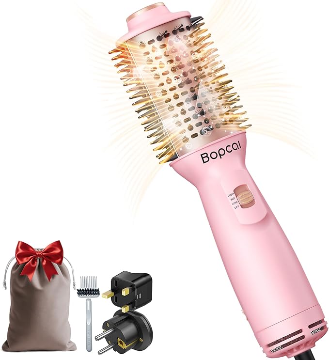 Dual Voltage Travel Blow Dryer Brush, Mini Hair Dryer Brush with Auto 100–240V, EU/UK Plug Ready, 4-in-1 Compact Hot Air Brush Lightweight, Ionic for Smooth & Voluminous Hair Anywhere