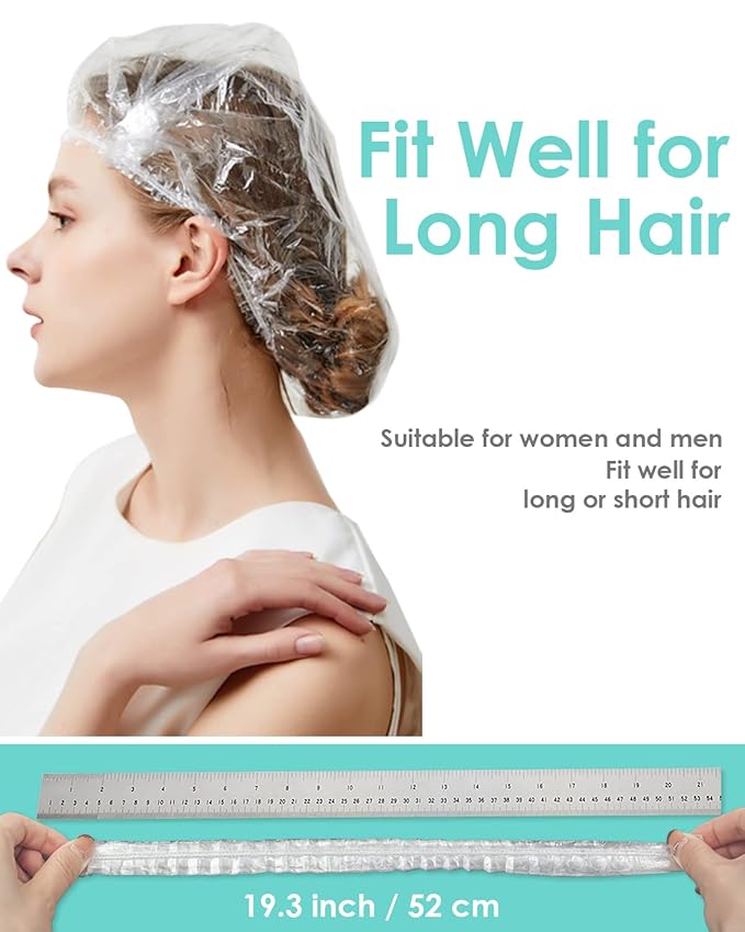 Auban 50 PCS Shower Cap Disposable,Bath Caps Larger Thick Clear Waterproof Plastic Elastic Hair Bath Caps For Women Hotel Travel Essentials Accessories Deep Conditioning Hair Care(19.3")