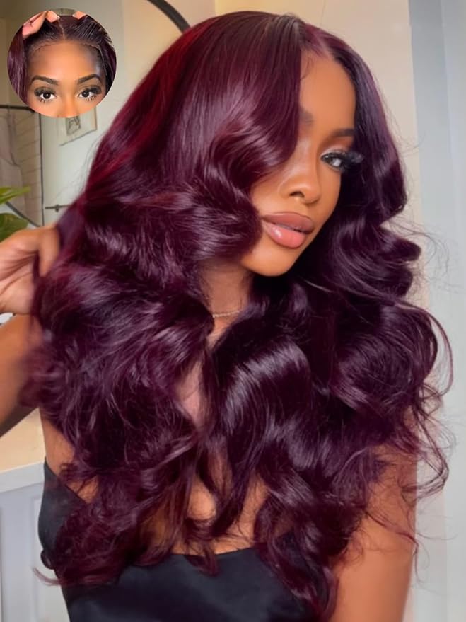 KLAIYI Black Cherry Loose Body Wave Pre Eeverything 13x4 Lace Frontal Wigs Human Hair Bye Bye Knots Glueless Ready to Wear and Go Wig with Face Framing Bangs Drawstring Pre Plucked Burgundy Wig 26Inch