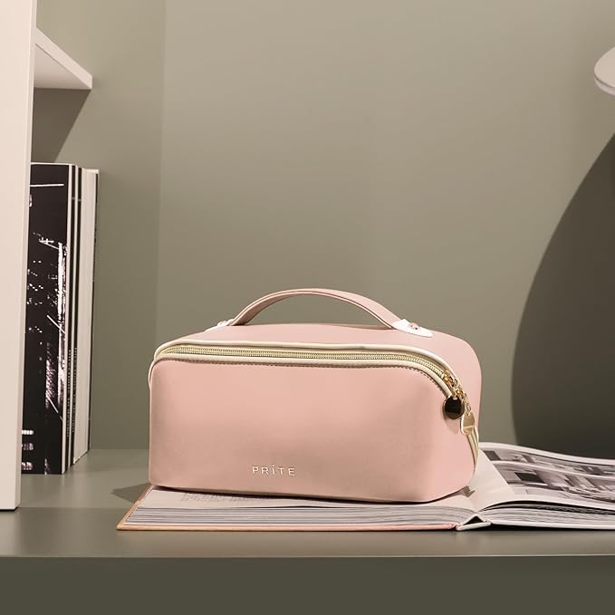 Prite Makeup Bag for Women Travel Waterproof Vegan Leather Cosmetic Bag Open Flat Toiletry Bag With Clear Divider and Handle (Pink)