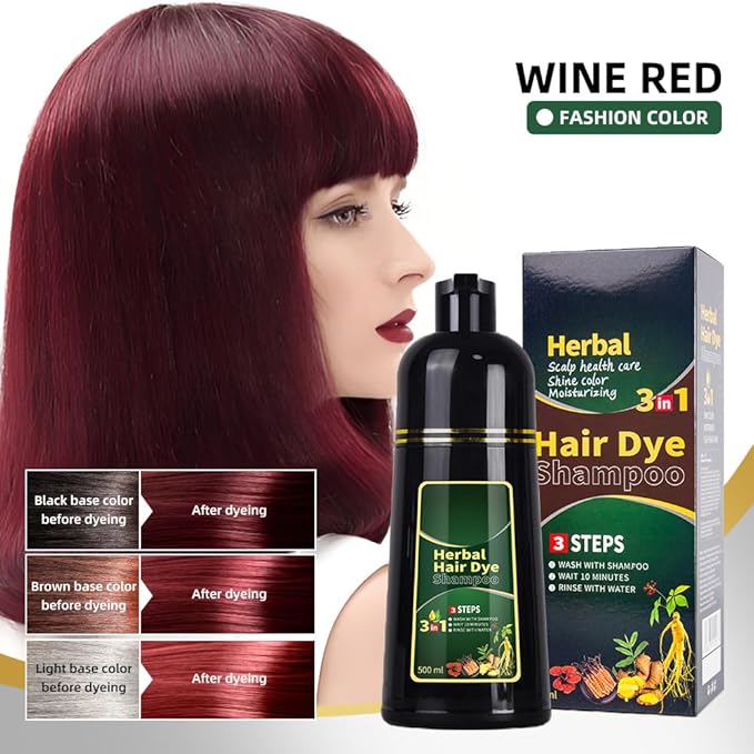 Wine Red Hair Dye Shampoo 3 in 1 Herbal Natural Dye Cover Gray, for Women/Men Hair Color for Grey Coverage (Wine Red)