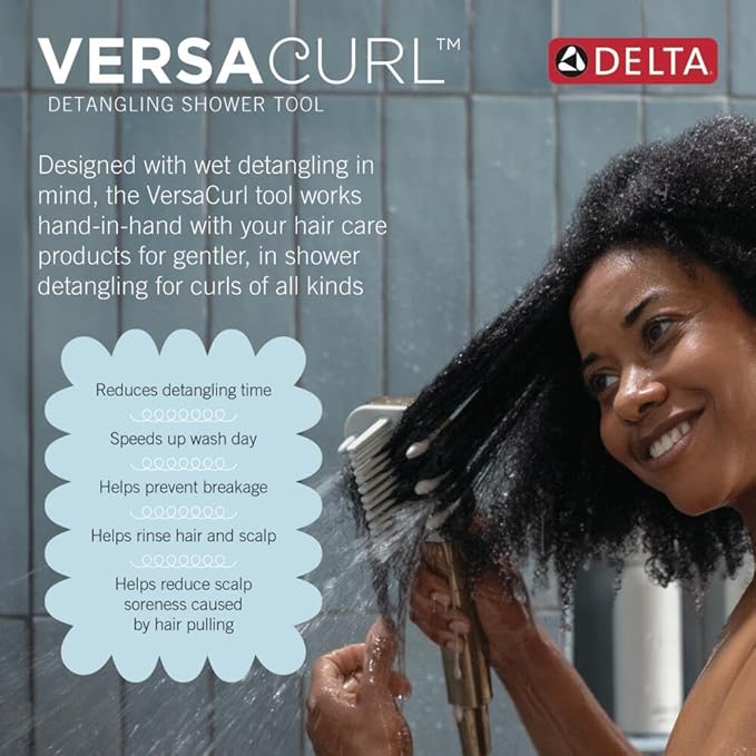 Delta VersaCurl Detangling Handheld Shower Head Tool for Curly Hair with 3 Curl Defining Brush Inserts Included, Detangler Brush Hand Shower with Hose, Chrome 74B430
