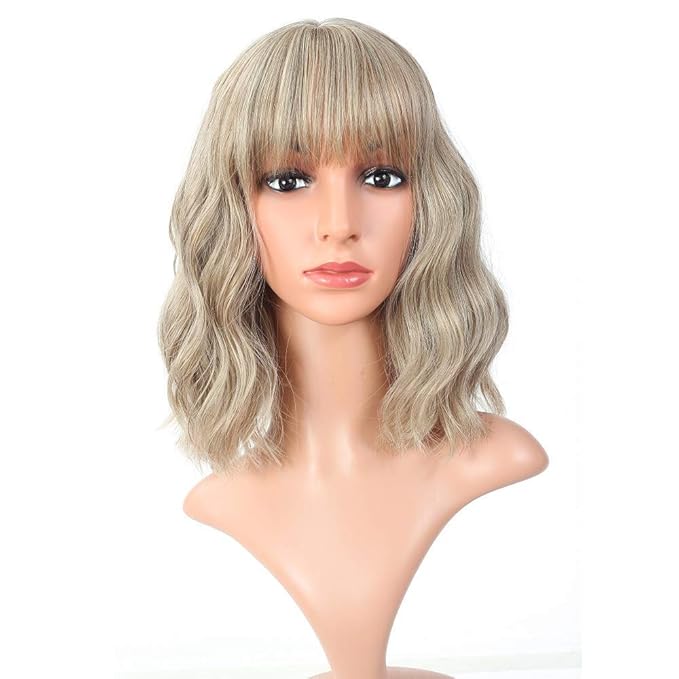 FAELBATY Blond Wig Short Bob Wigs With Air Bangs Shoulder Length Women's Wig Curly Wavy Synthetic Cosplay Wig for Girl Costume Wigs Mix Khaki Blonde Gold Color