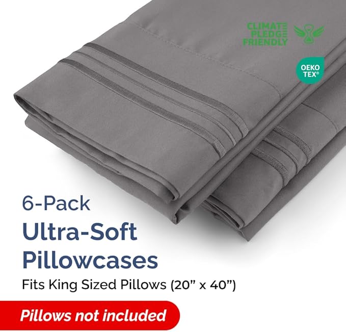 King Pillow Cases Set of 6 - Ultra Soft Hotel Quality Pillowcase Covers - Comfy. Cozy & Wrinkle Free - Shrink, Stain and Fade Resistant - Machine Washable Pillow Protectors - 6 Piece Set - Dark Grey