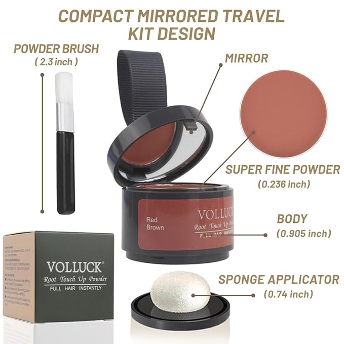 VOLLUCK Root Touch up Powder, Instant Hairline Powder for Thinning Areas and Gray Hair Coverage, Natural and Non-greasy Root Cover up for Women and Men (Red Brown, 0.14 Ounce)