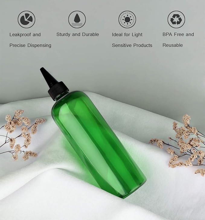 Squeeze Bottles for Hair - 16 Ounce Applicator 2 Pack, Green PET Plastic Refillable With Twist Top Cap for Hair Dye and Oil