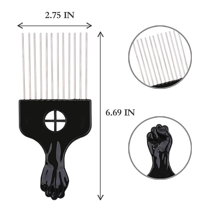 6Pcs Afro Picks Metal Hair Combs, Steel Teeth Hair Pick for Curly, Coily, Natural Hair, Detangling, Styling Comb for Men Women (Black)