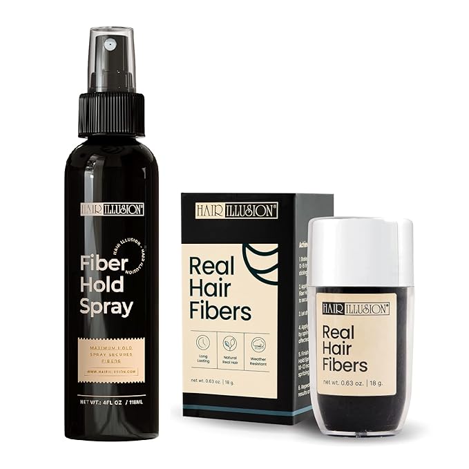 Hair Illusion Dark Brown Real Hair Fibers and Fiber Holding Spray Bundle for Thinning Hair - 100% Natural Texture, Non Synthetic Hair Fibers - Bald Spot Cover Up for Women & Men - 18 Gram