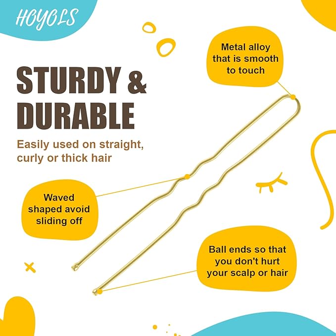 HOYOLS U Shaped Blonde Bobby Pins Assorted Size, Metal Clips for Buns Women Girls Hairstyle Updo Thin Thick Hair Gold, 150 Count