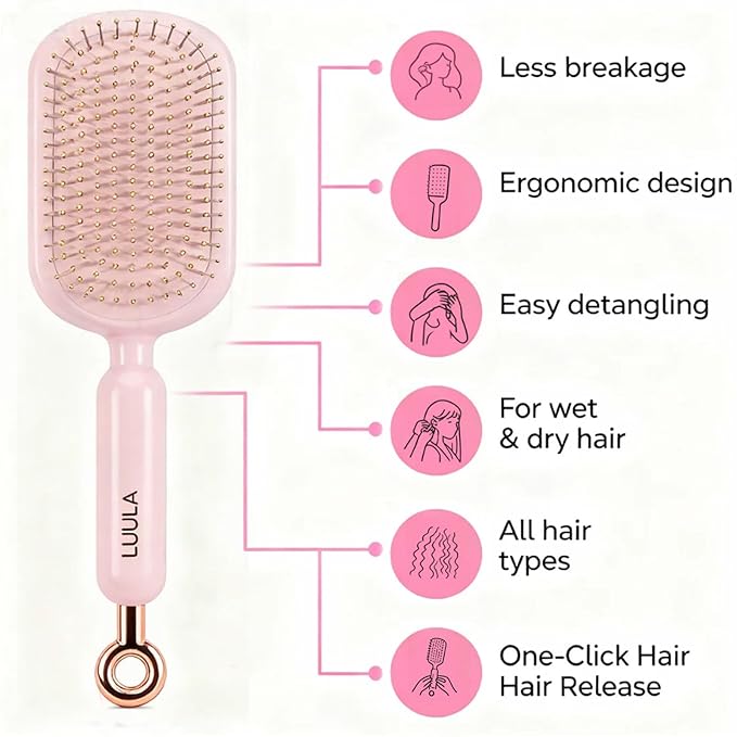 Retractable Cushion Massage Comb for Wet & Dry Hair, Anti-Static Self Cleaning Hair Brush for All Hair Types, Soft Bristles, Easy Eliminates Knots, Detangling Hairbrush for Women Men (Pink + White)