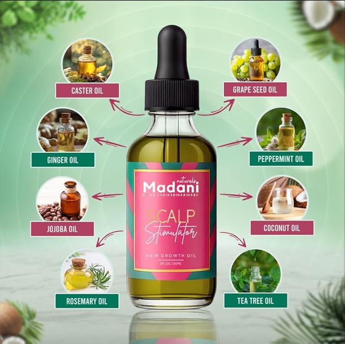 Madani Naturals Scalp Stimulator Hair Growth Oil With Rosemary Oil & Mint - Hair Loss Treatment for Split End and Dry Scalp for All Hair Types, Strengthen Hair and Stop Hair Loss, 2-Fluid Ounces