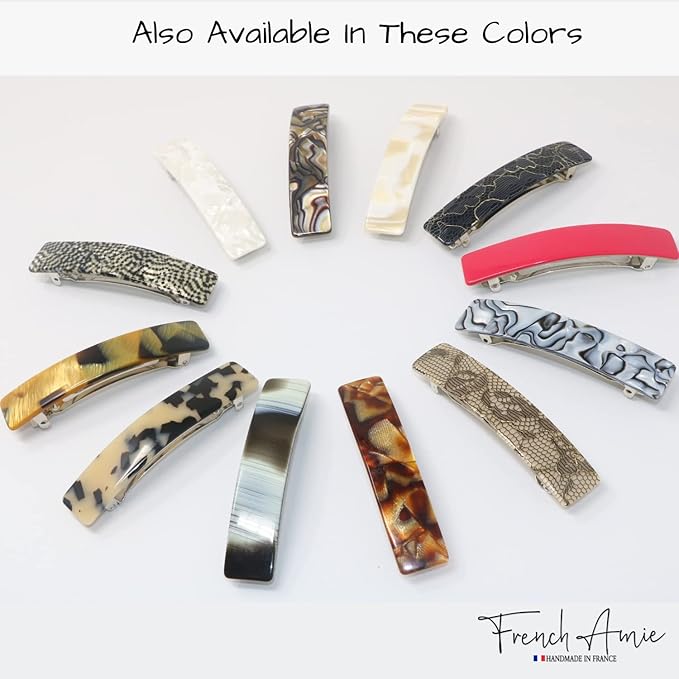 French Amie Oblong Handmade 3.5" Celluloid Automatic Hair Clip Barrette French Hair Clip for Girls Strong Hold Hair Clips for Women No Slip Durable Paris Hair Accessories, Made in France (Ivory Black)
