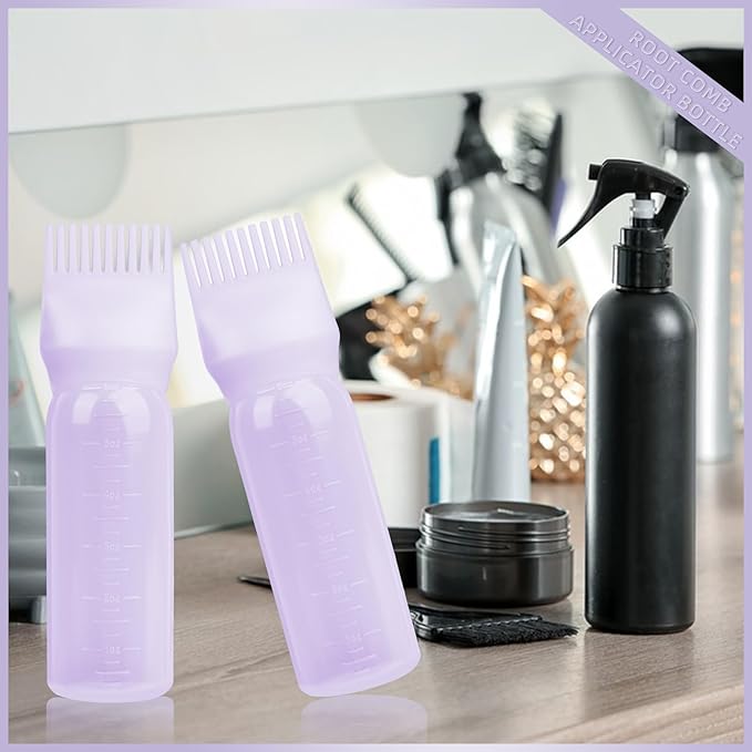 BLAAROOM Root Comb Applicator Bottle 6 Ounce, 4 Pack - Hair Oil Applicator with Root Comb Brush for Scalp Hair Oiling - Purple