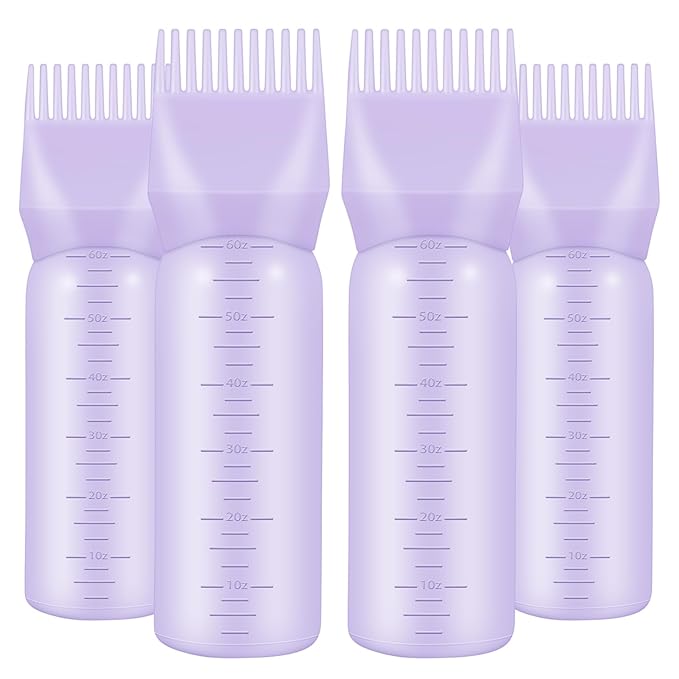 4Pcs Root Comb Applicator Bottle, 6 Ounce Hair Dye Bottles with Comb and Graduated Scale Plastic Hair Oil Brush for Hair Care and Color, Purple