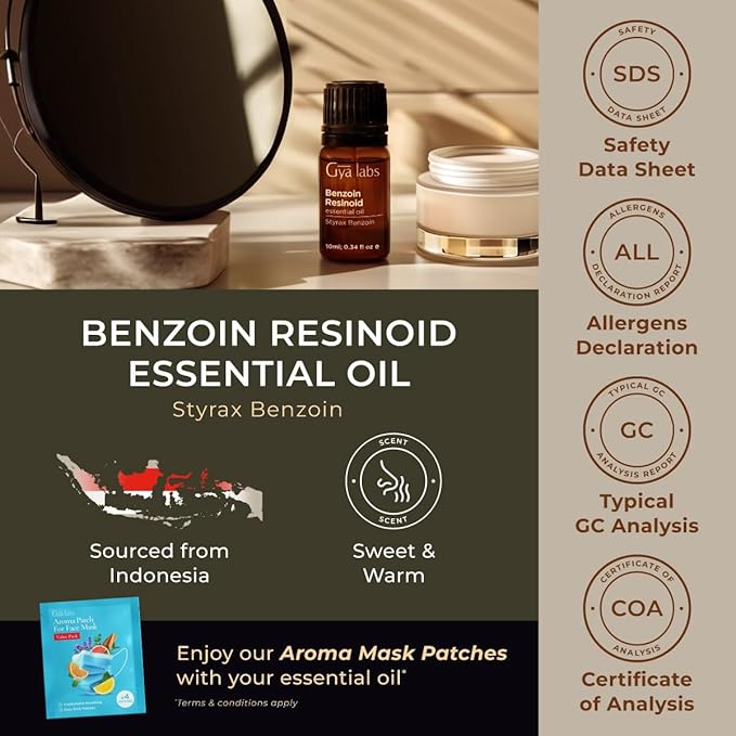 Gya Labs Benzoin Resinoid Essential Oil - 0.34 Fl Oz - for Hair, Skin, Diffuser, Aromatherapy & DIY Candle Making Scent