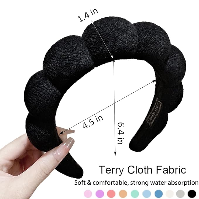 Spa Headbands for Washing Face or Makeup, Sponge Bubble Skincare Headbands, Puffy Terry Cloth Hairband for Women, Skin Care Makeup Headwear Hair Accessories for Girls(Black)