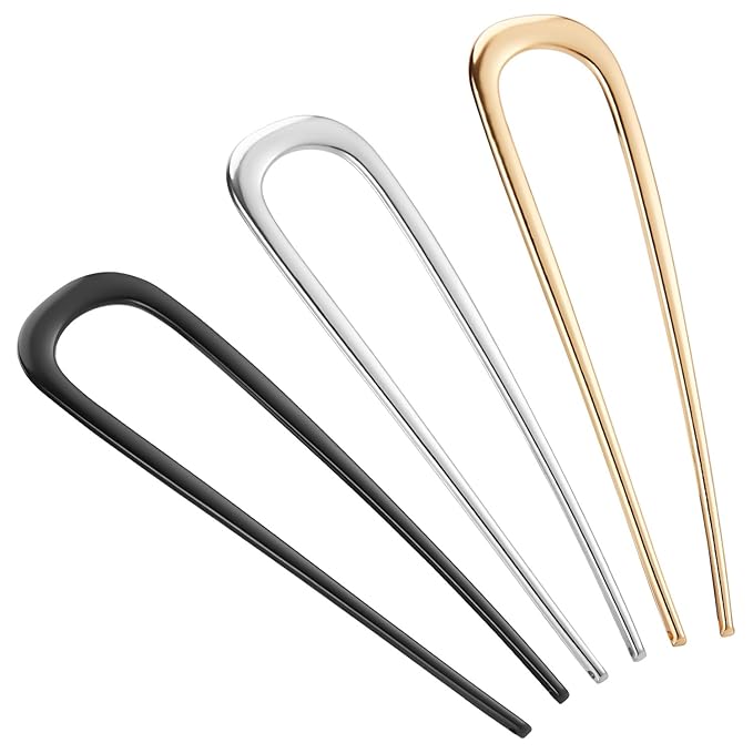 BEoffer French Hair Pin 3PCS Metal Hair Pins for Women Elegant French Twists, Buns and Updos with No Hair Damage, U-shaped French Pin Great Hold and Comfortable Keeps Hair in Place (Gold Black Silver)