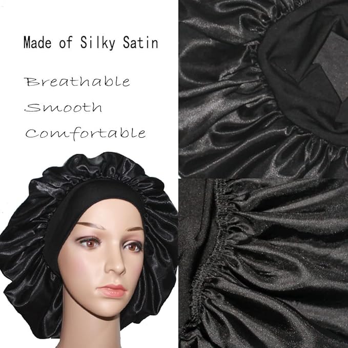 VEYRNEIC Hair Satin Bonnet for Sleeping Shower Caps Silk Chemo Caps with Wide Elastic Band Night Sleep Cap Bonnets for Black Women Braids with Satin Storage Bag (Black)