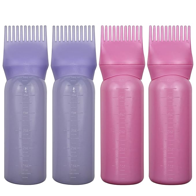 4 Pack Root Comb Applicator Bottle, Hair Oil Comb Applicator for Hair Dye, Shampoos, Salons (Purple+Pink)
