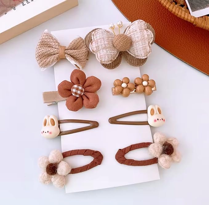 Hair Clips for Baby Girls-8 Pcs Beige Hair Accessories with Knitted Flower, Bow, Butterfly Designs-Soft Wool and Crochet Hairpins-Non-Slip Barrettes for Daily and Occasional Wear (Design 5-8pc Set)