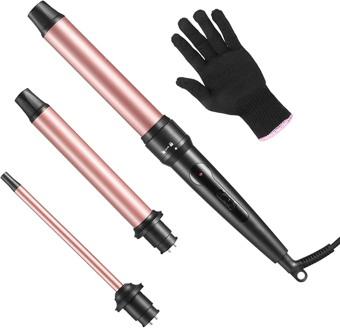 Curling Iron Wand, 3 in 1 Curling Wand Set with Ceramic Barrel for Long/Medium Hair, 0.35"-1.25" Interchangeable Hair Curler Wand, Dual Voltage, Includes Glove & Clips