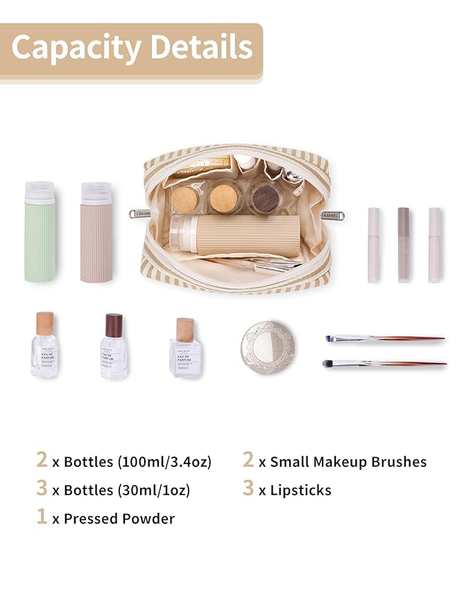 Narwey Small Striped Makeup Bag for Purse Mini Cosmetic Bag Travel Makeup Pouch Zipper Pouch Cute Make up Bags with Compartments for Women Girls (Brown Stripe, Small)